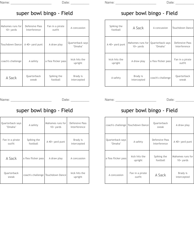 super bowl bingo - Field
