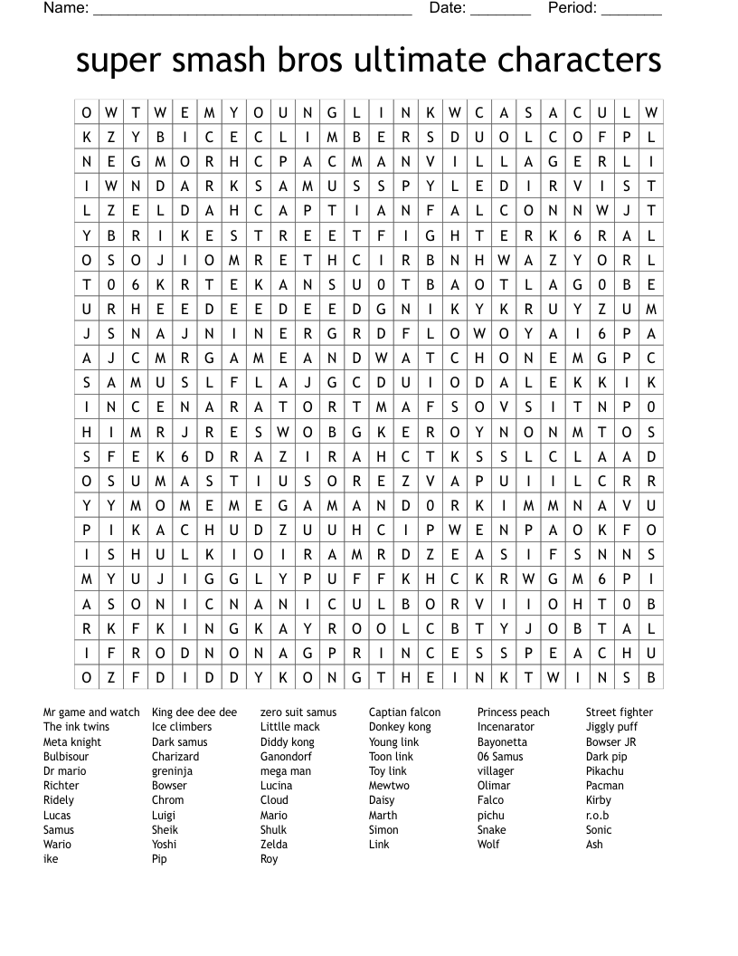 super smash bros ultimate characters Word Search