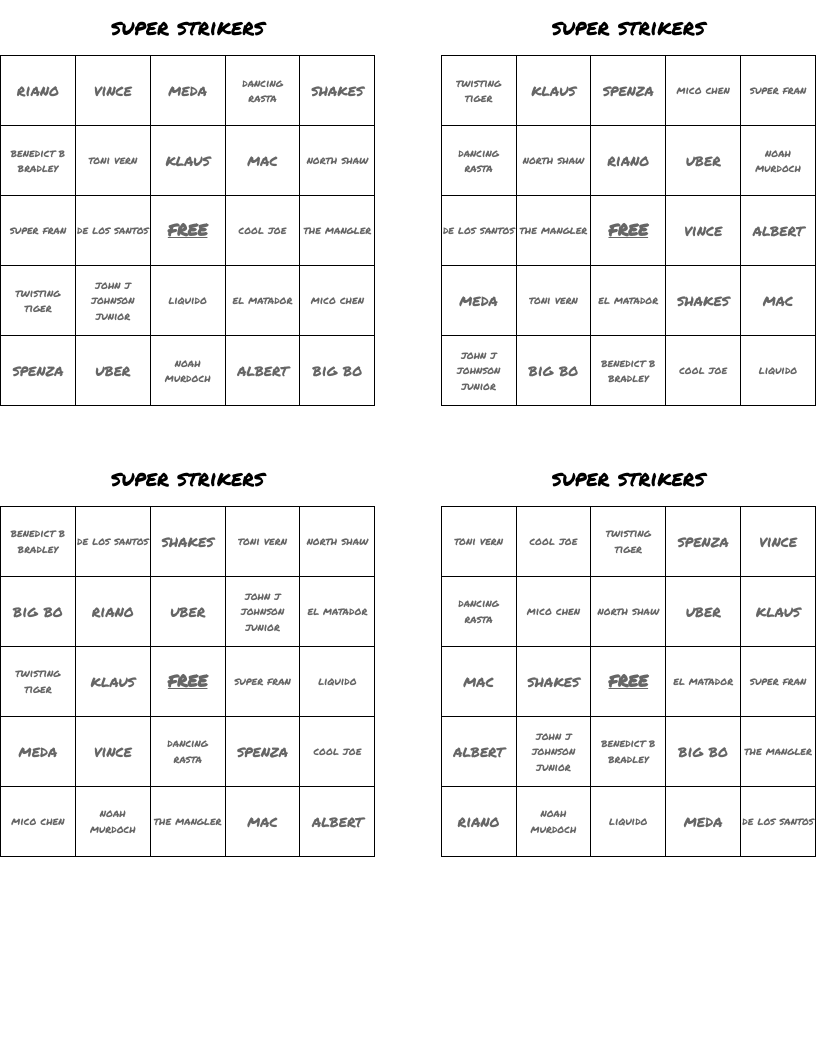 super strikers Bingo Cards