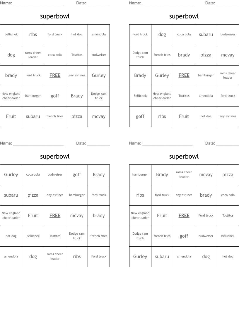 superbowl Bingo Cards