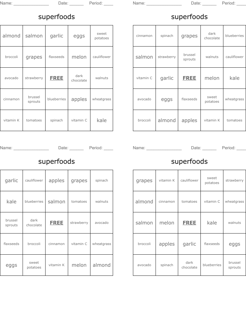 superfoods Bingo Cards