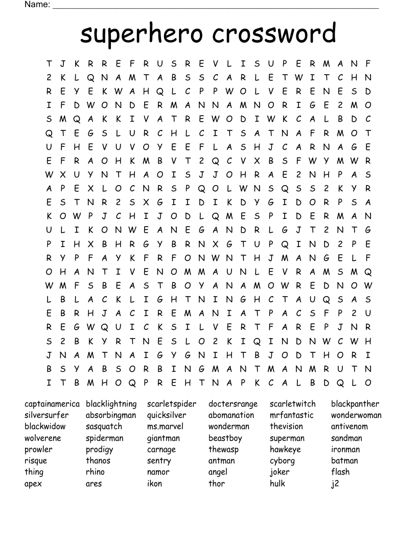 superhero crossword Word Search