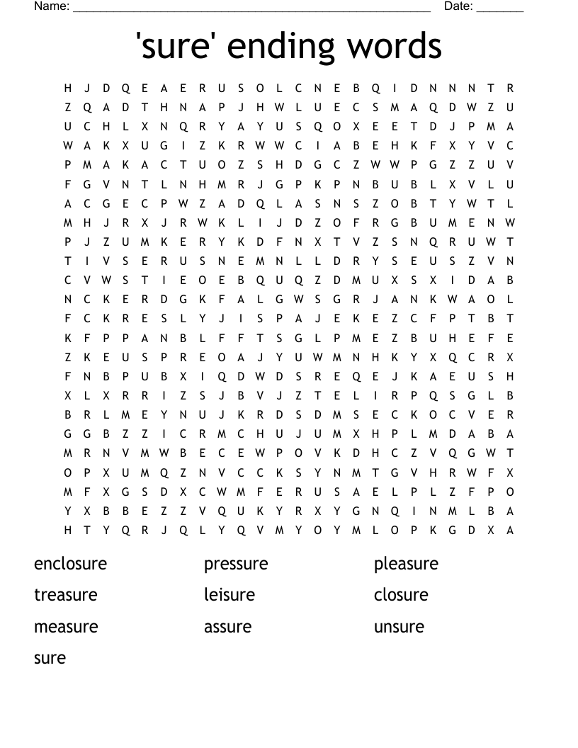 'sure' ending words Word Search