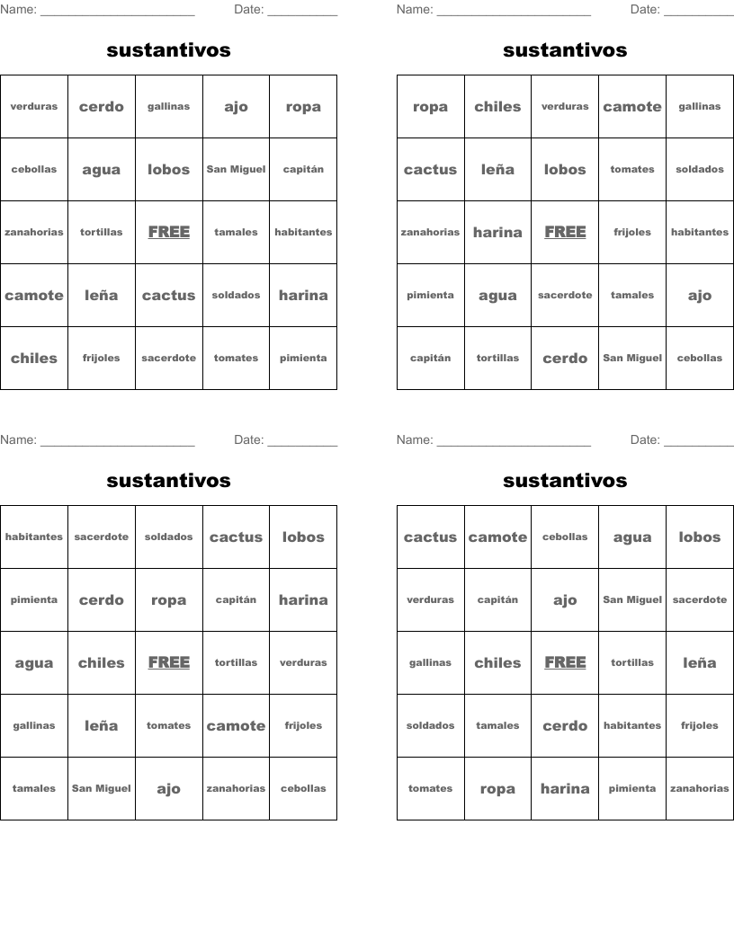 sustantivos Bingo Cards