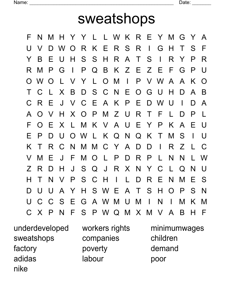 sweatshops Word Search