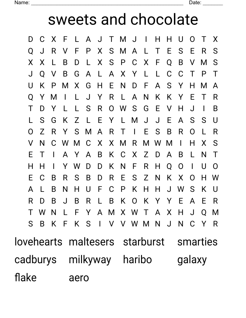 sweets and chocolate Word Search