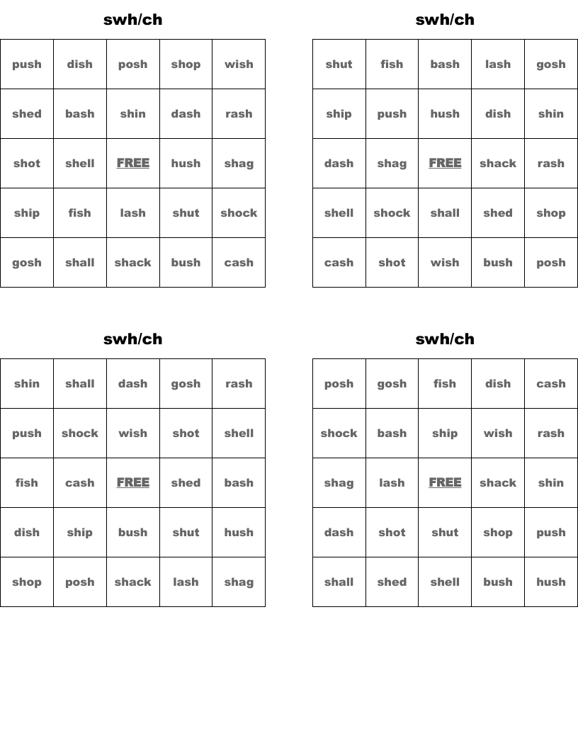 swh/ch Bingo Cards