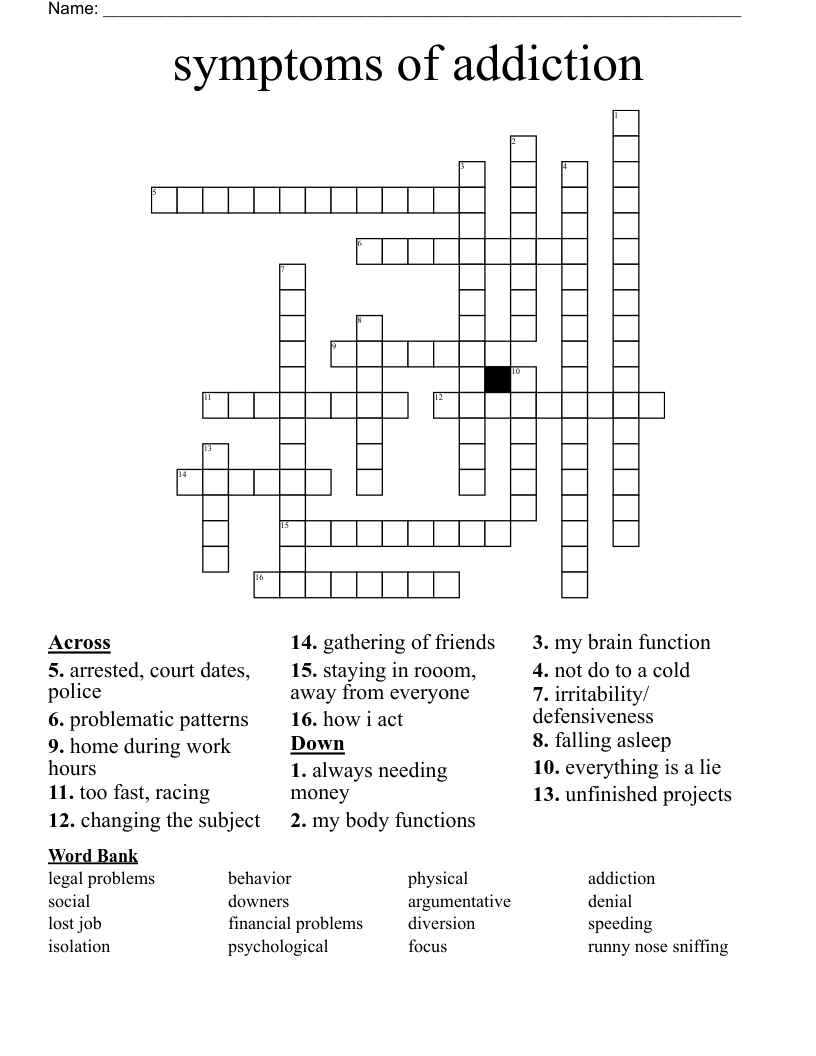 symptoms of addiction Crossword