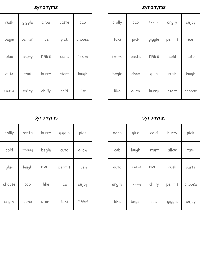 synonyms Bingo Cards