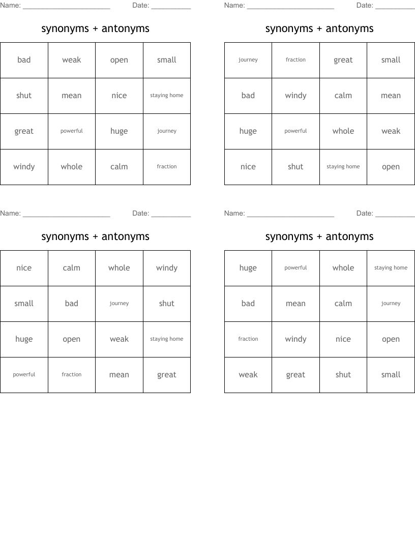 synonyms + antonyms Bingo Cards