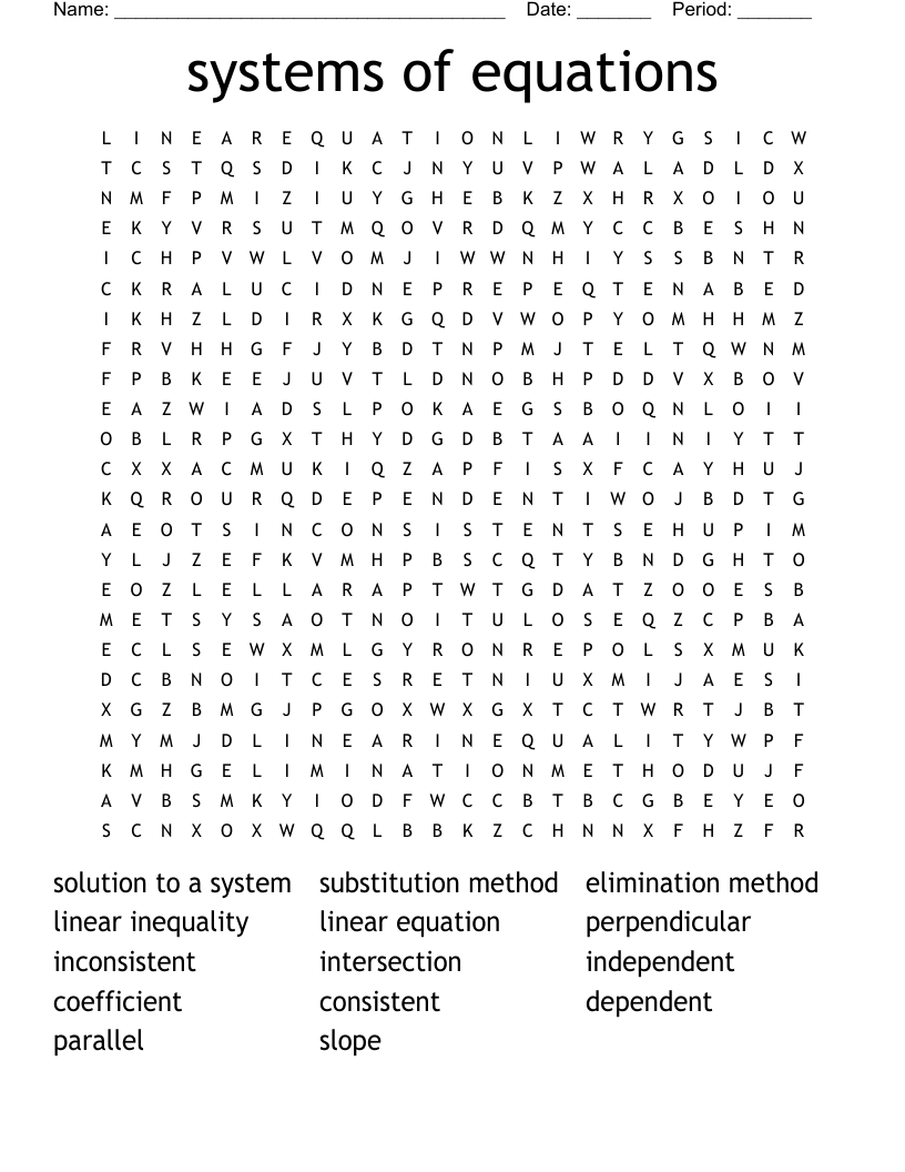 systems of equations Word Search