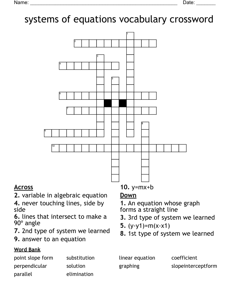 systems of equations vocabulary crossword