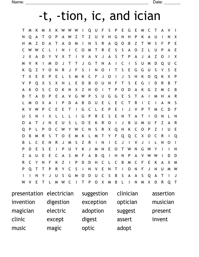 -t, -tion, ic, and ician Word Search