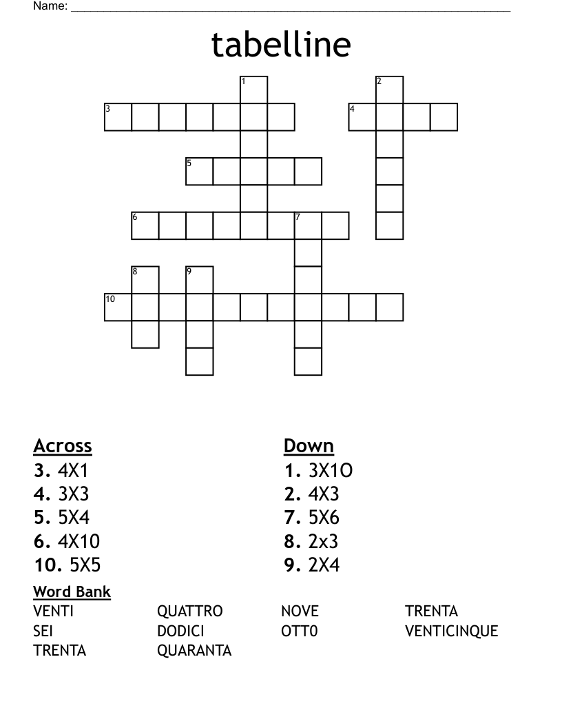 tabelline Crossword
