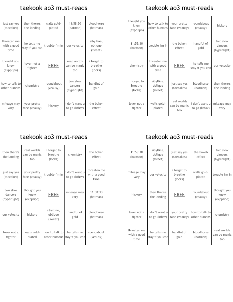 taekook ao3 must-reads Bingo Cards