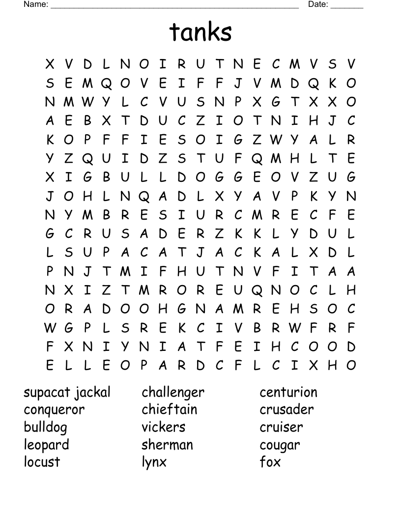 tanks Word Search