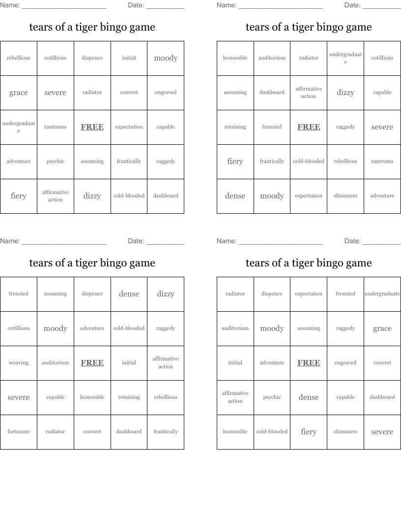 tears of a tiger bingo game