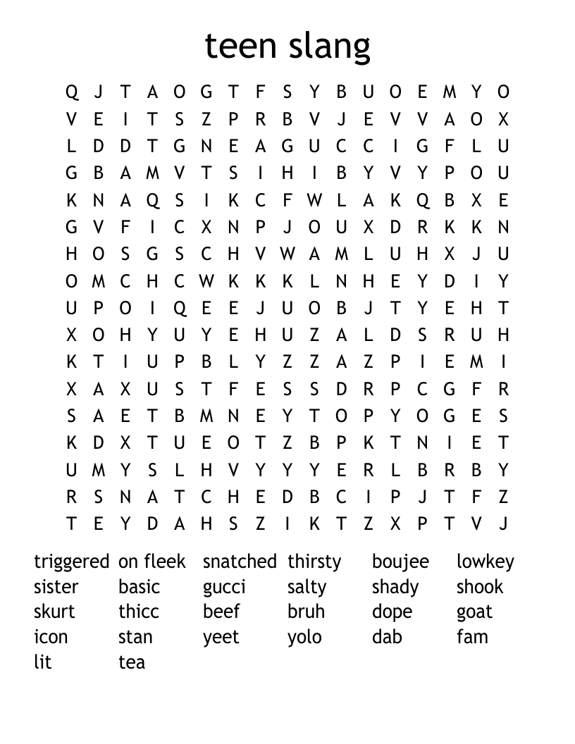 teen slang Word Search