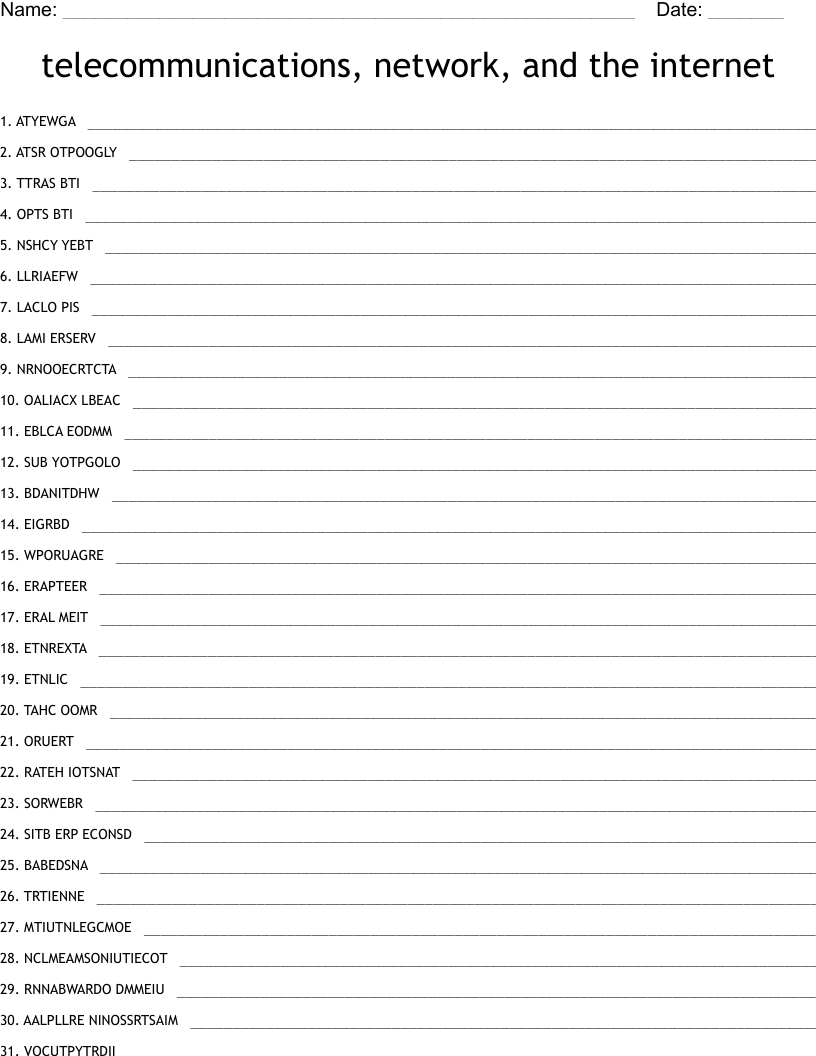 telecommunications, network, and the internet Word Scramble