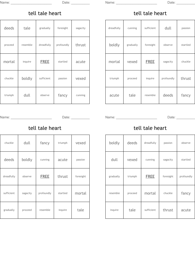 tell tale heart Bingo Cards