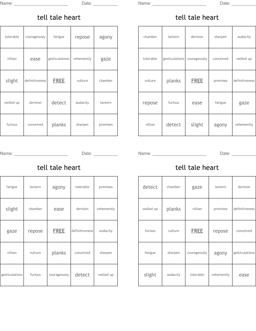 tell tale heart Bingo Cards
