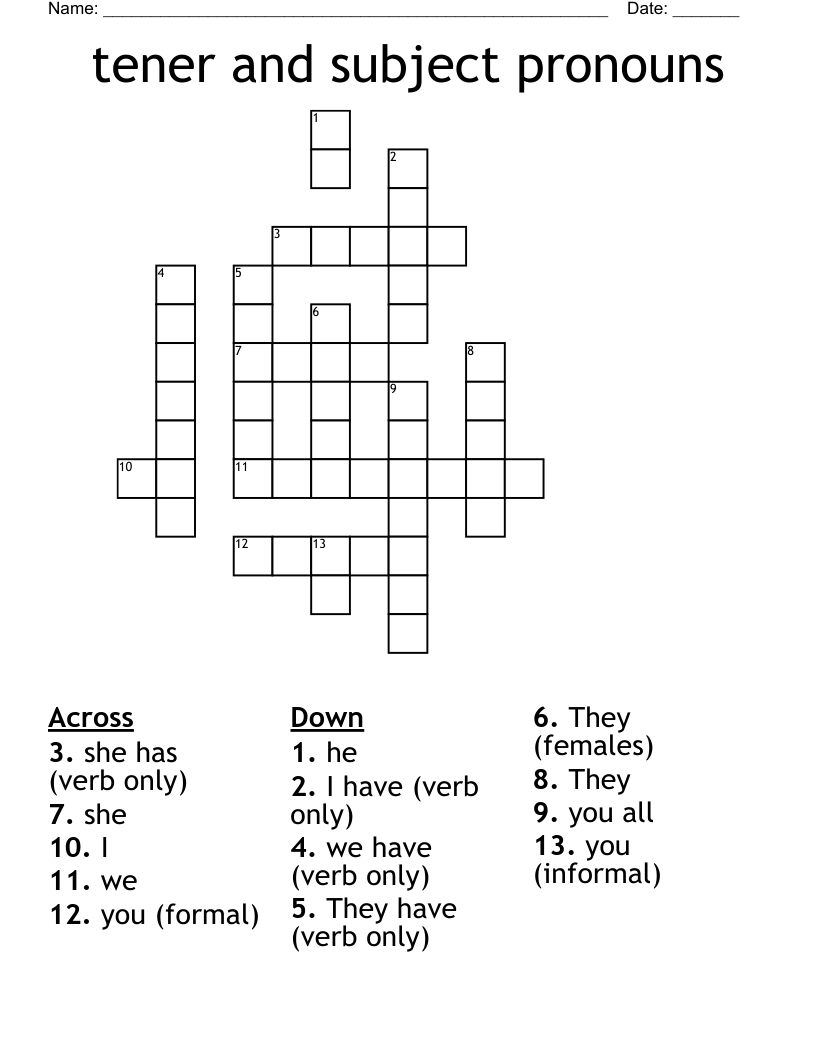 tener and subject pronouns Crossword