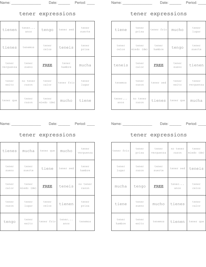 tener expressions Bingo Cards