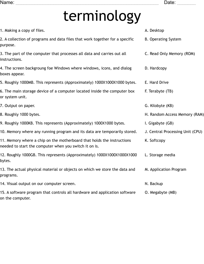 terminology Worksheet