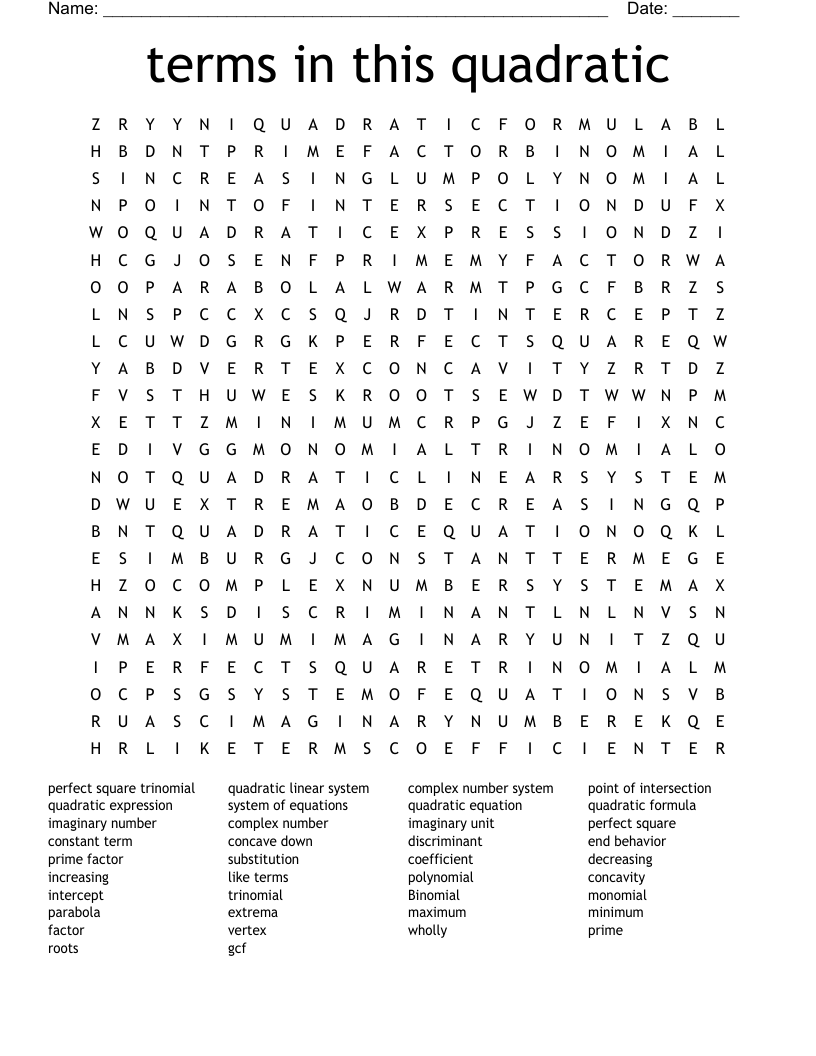 terms in this quadratic Word Search