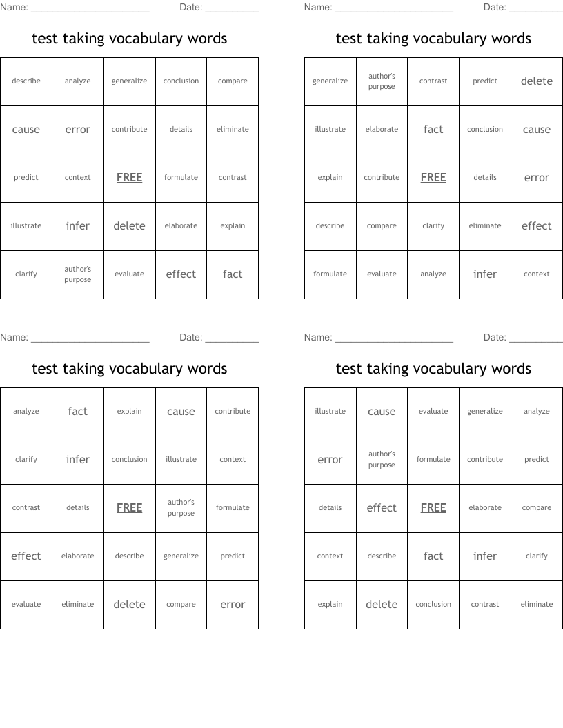 test taking vocabulary words Bingo Cards