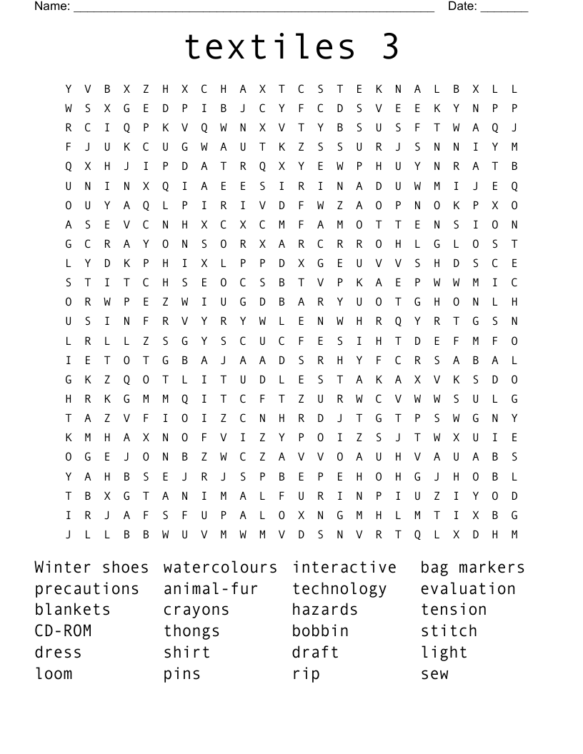 textiles 3 Word Search
