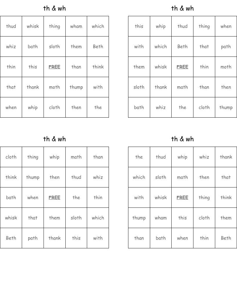 th & wh Bingo Cards
