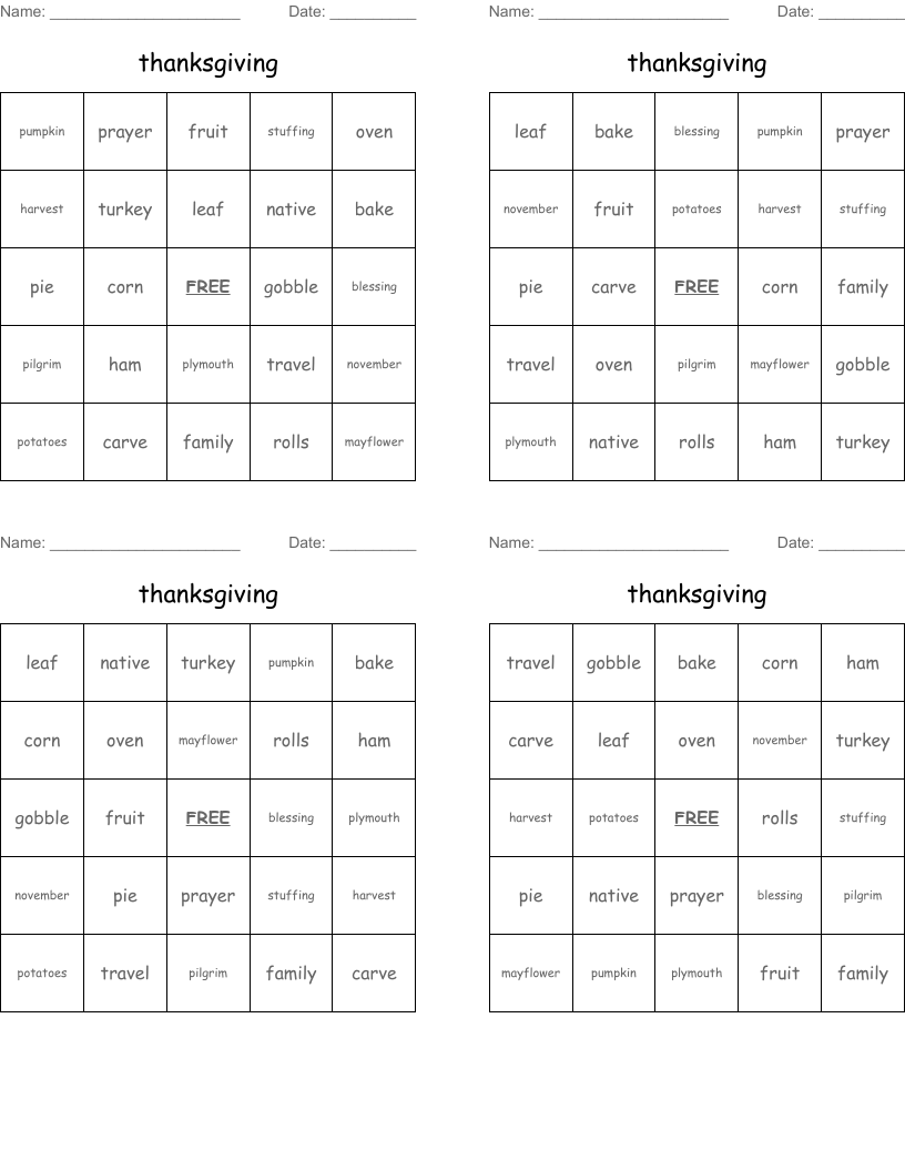 thanksgiving Bingo Cards