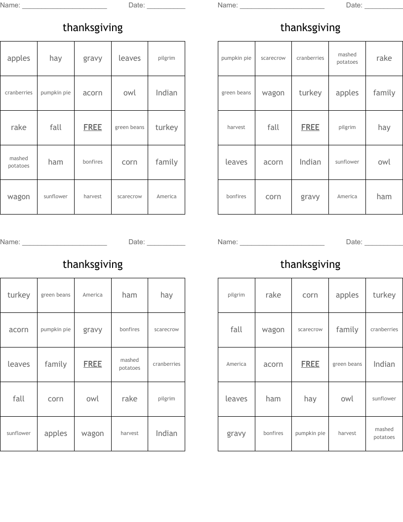 thanksgiving  Bingo Cards