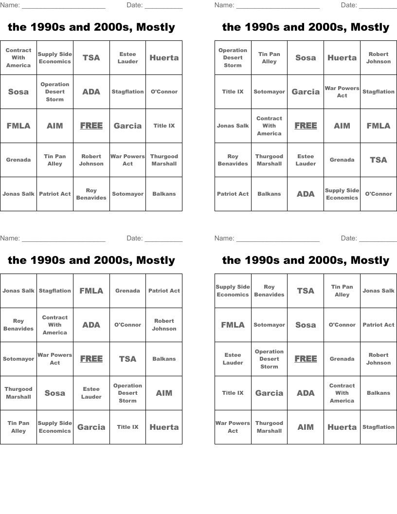 the 1990s and 2000s, Mostly Bingo Cards