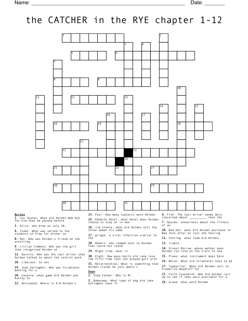 the CATCHER in the RYE chapter 1-12 Crossword
