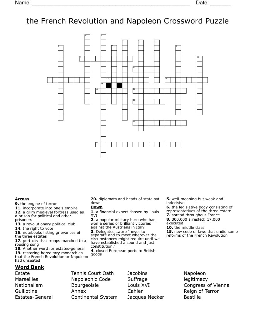 the French Revolution and Napoleon Crossword Puzzle