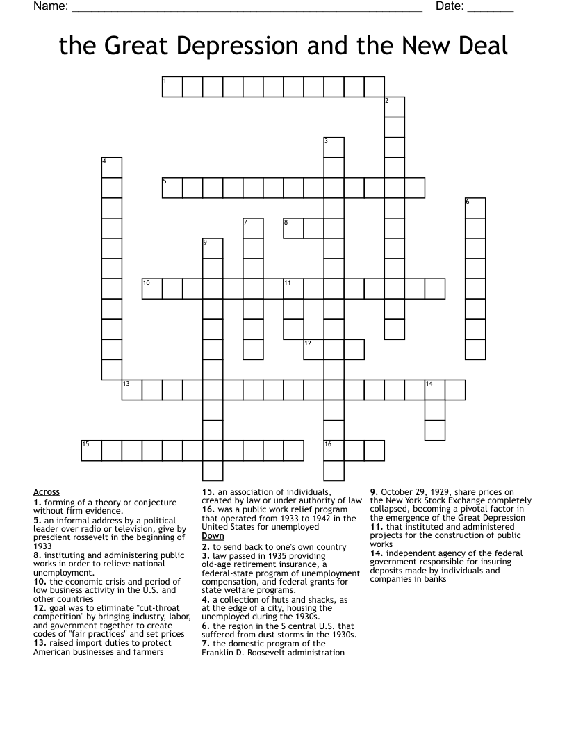 the Great Depression and the New Deal Crossword