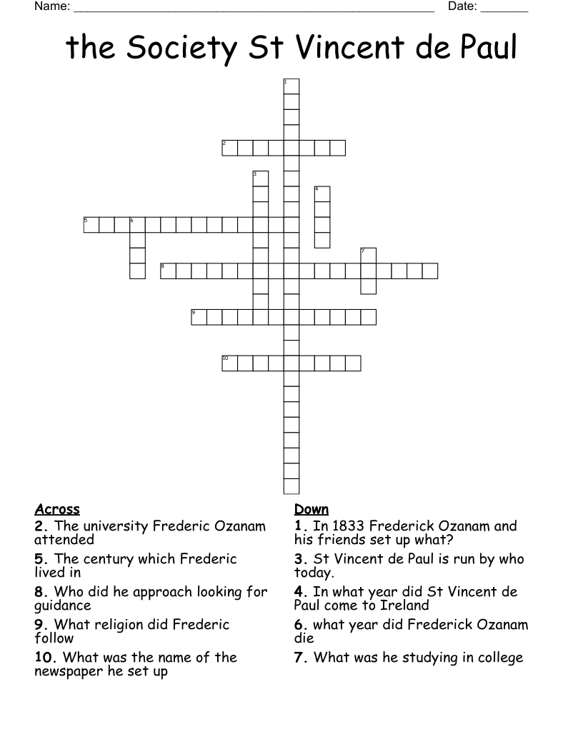 the Society St Vincent de Paul  Crossword