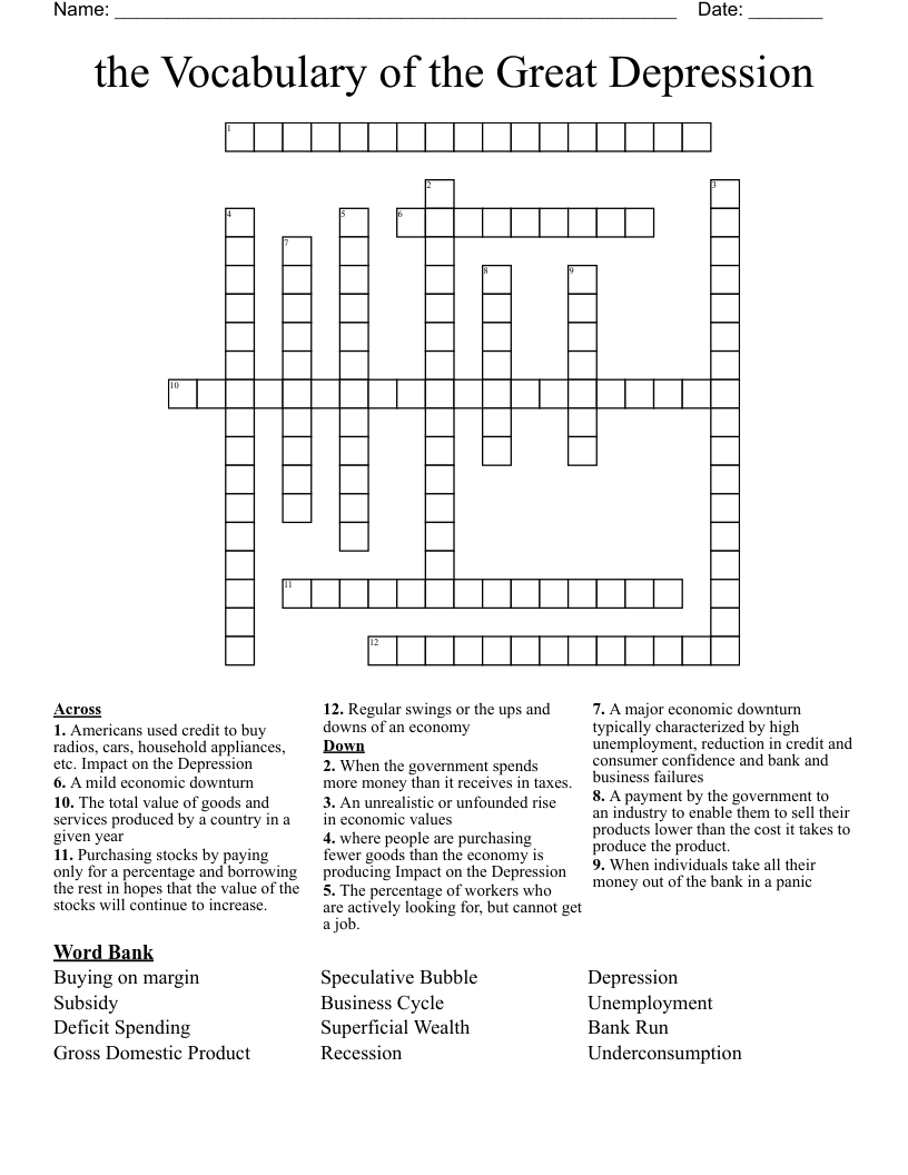the Vocabulary of the Great Depression Crossword