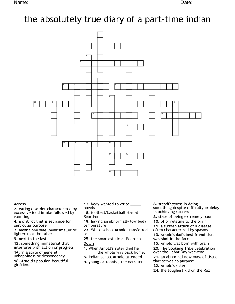 the absolutely true diary of a part-time indian Crossword