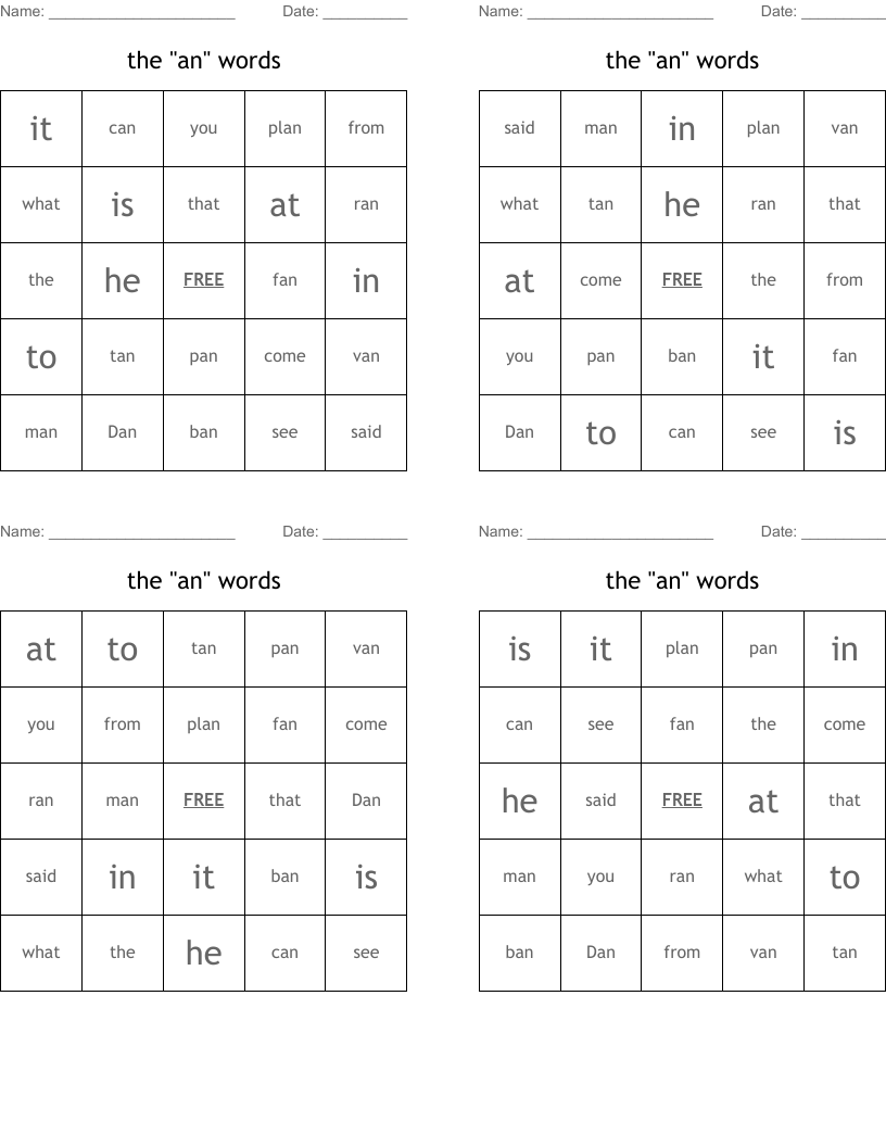the "an" words Bingo Cards