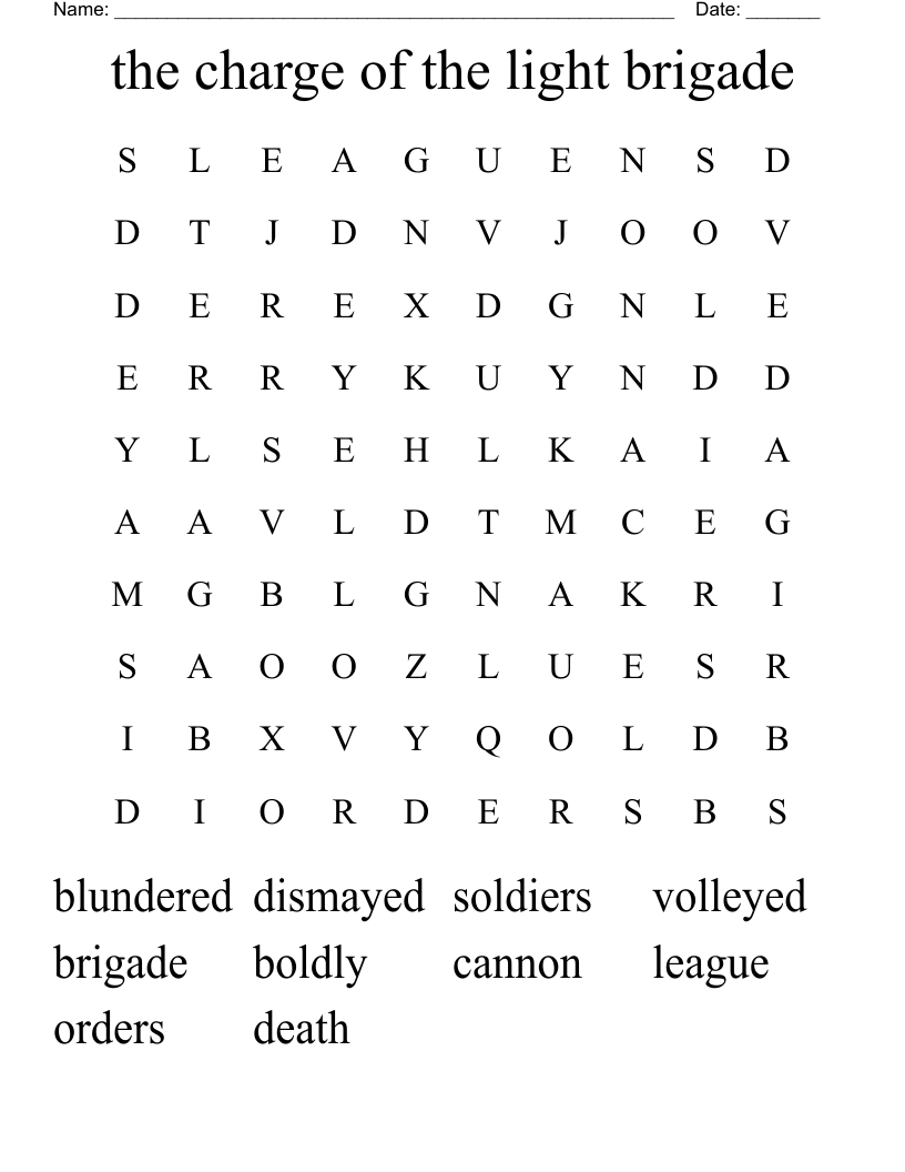 the charge of the light brigade Word Search