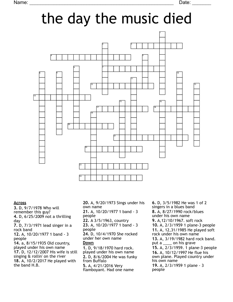 the day the music died Crossword