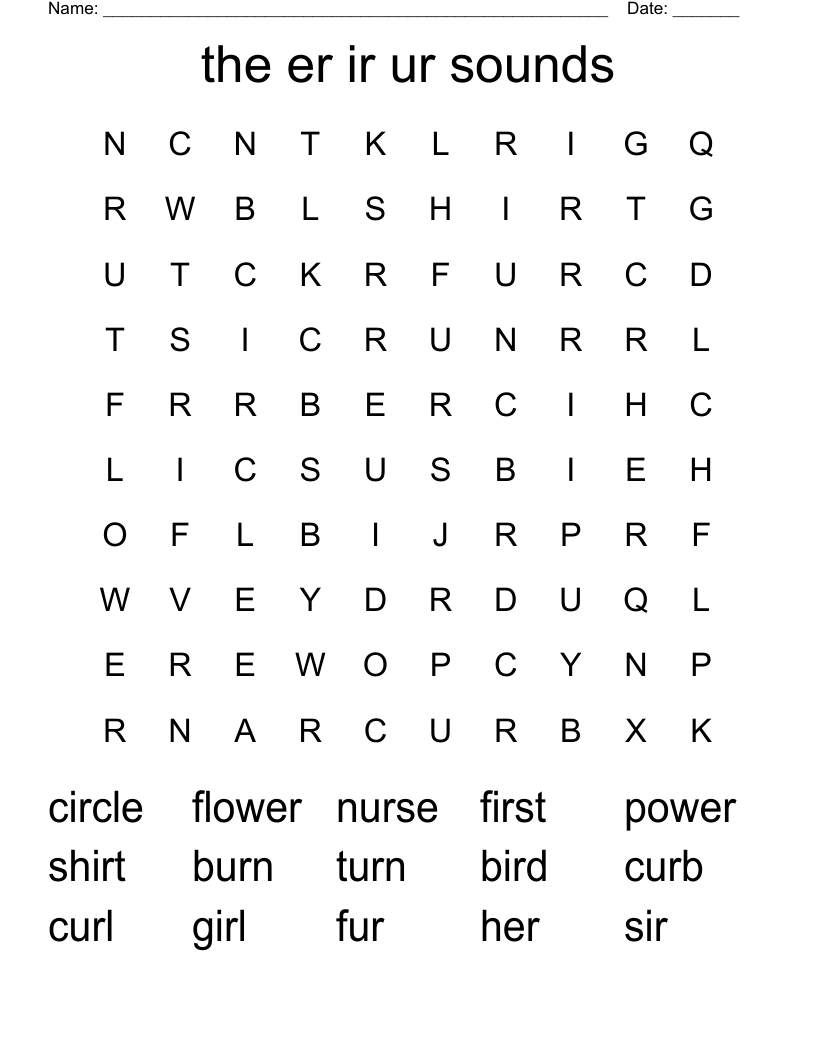 the er ir ur sounds Word Search