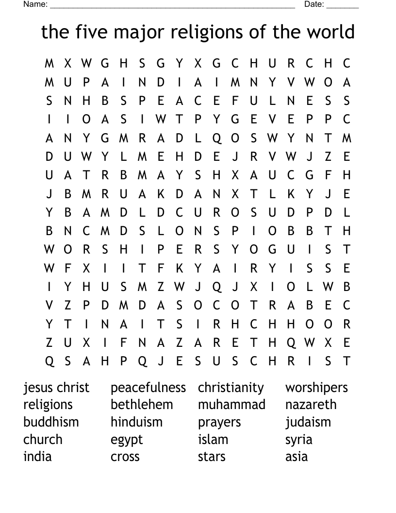 the five major religions of the world Word Search
