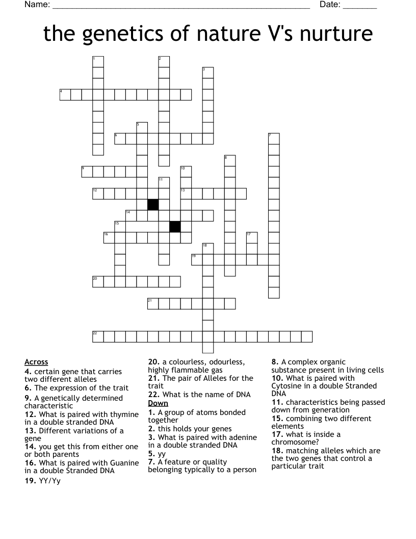 the genetics of nature V's nurture Crossword