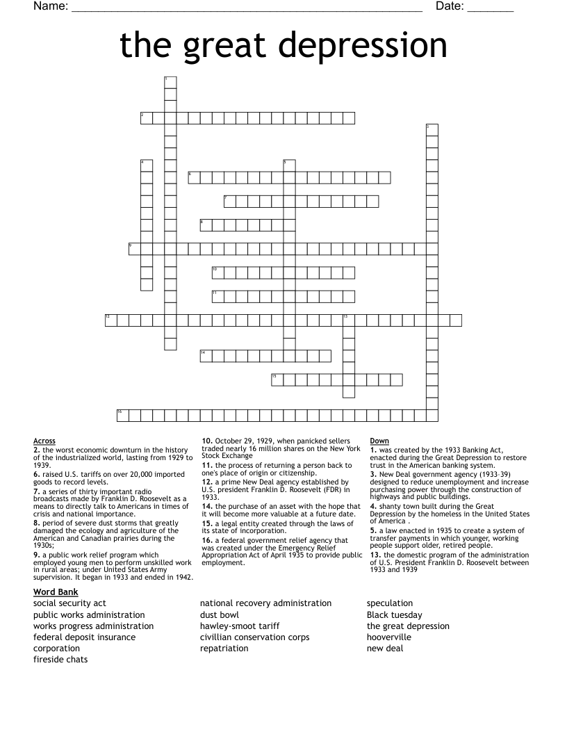 the great depression Crossword