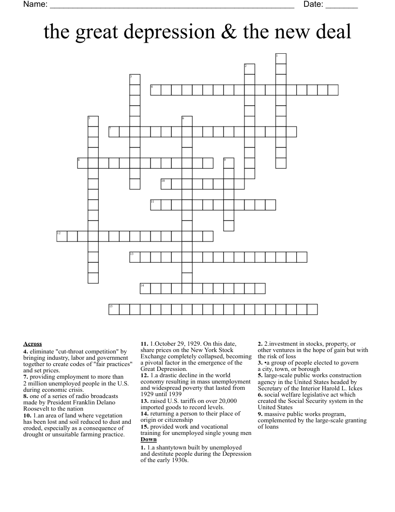 the great depression & the new deal  Crossword