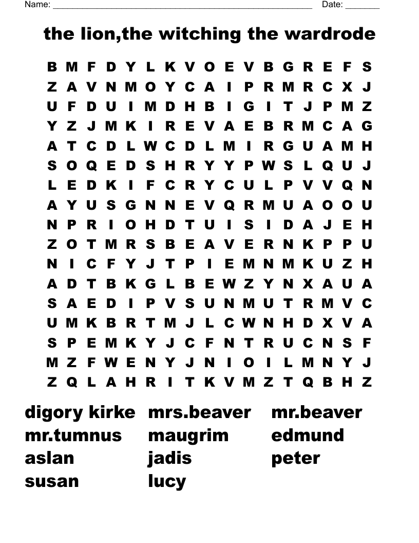 the lion,the witching the wardrode Word Search